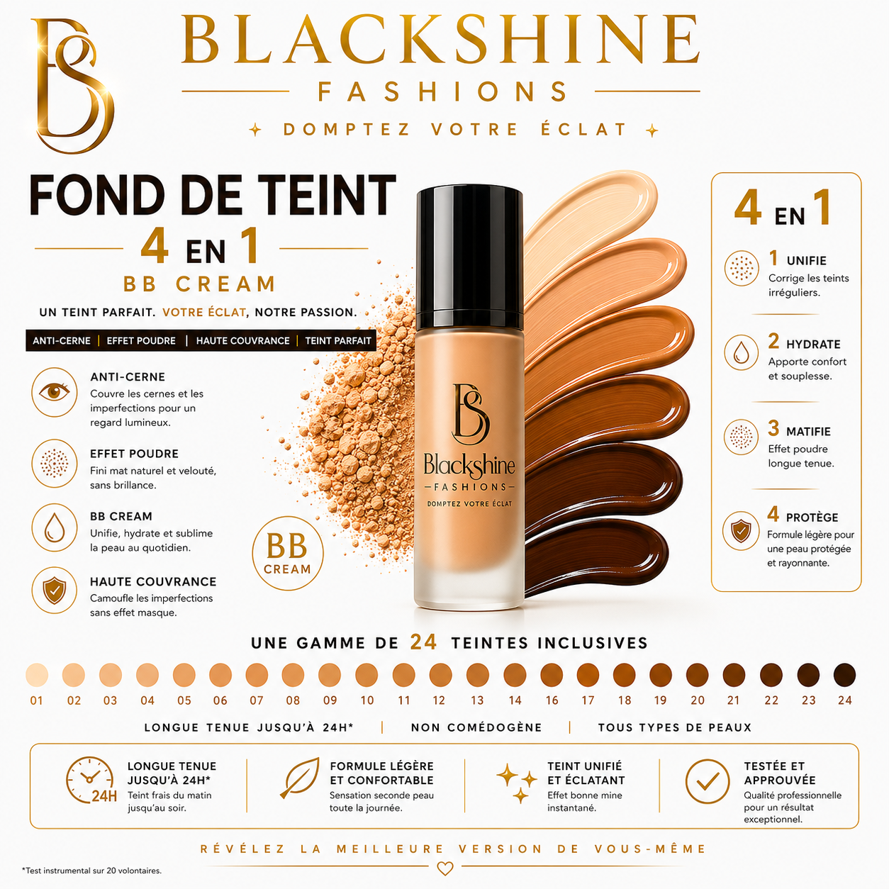 Blackshine Fond de Teint Waterproof – Longue Tenue, Teint Parfait